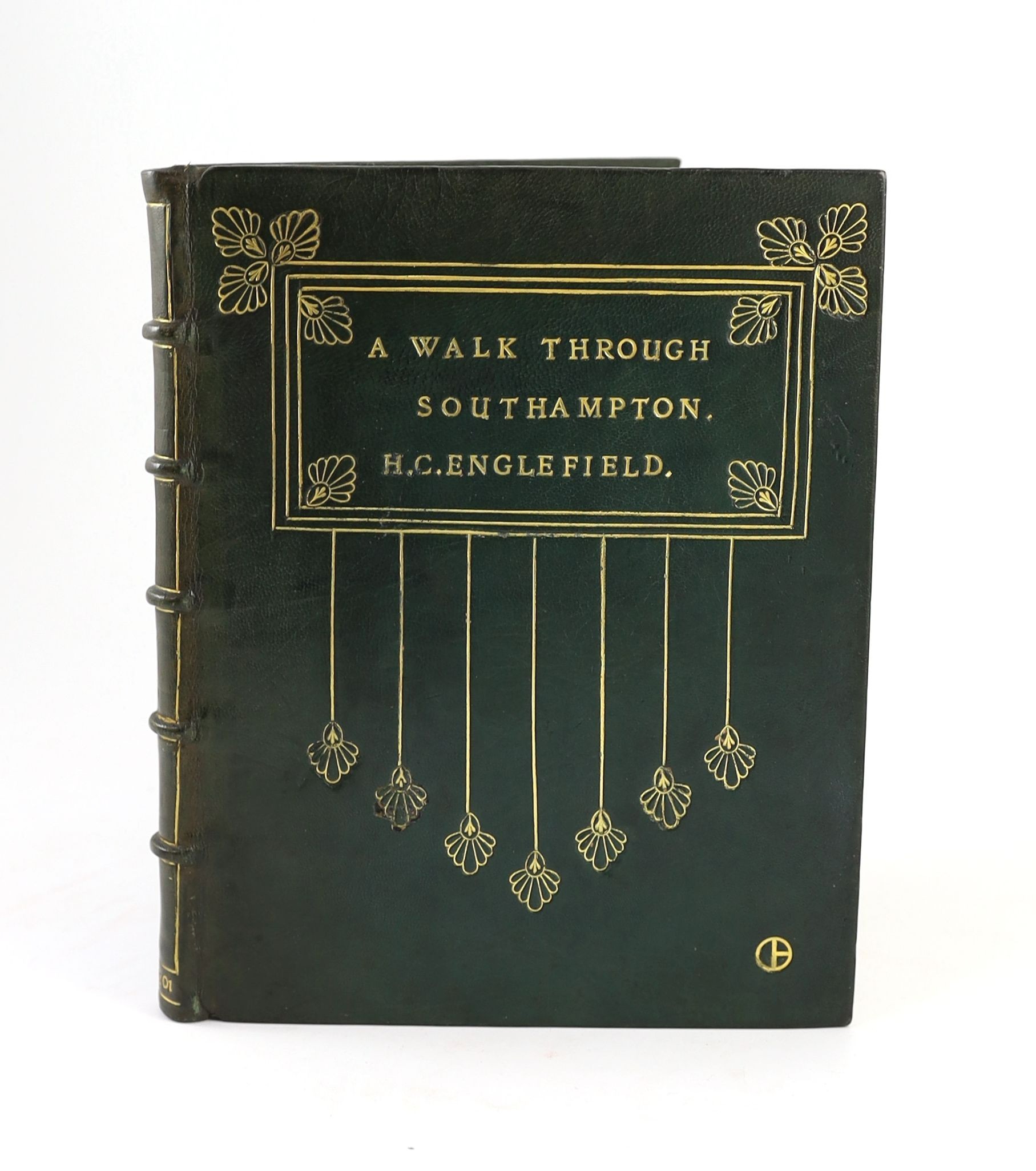 Englefield, Henry Charles, Sir - A Walk Through Southampton, 4to, rebound green morocco gilt, with 5 plates (of 6), 3 hand tinted including additional title page, which has an ink presentation inscription, T. Baker, Sout